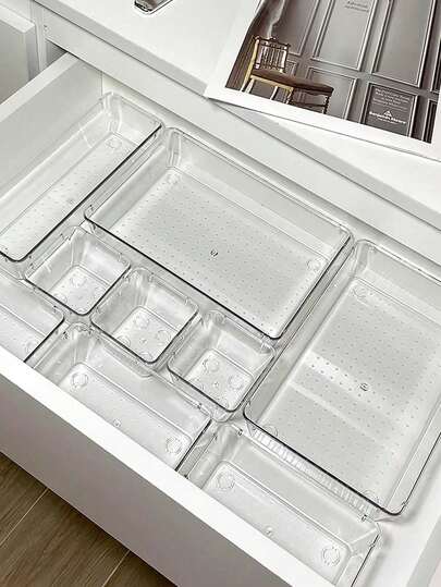 25pcs/18pcs/12pcs/10pcs/7pcs/4pcs Transparent Premium - Plastic Drawer Organizers Set - 4 Sizes, Stylish And Practical For Makeup, Office, Bathroom, Kitchen Gadgets Storage