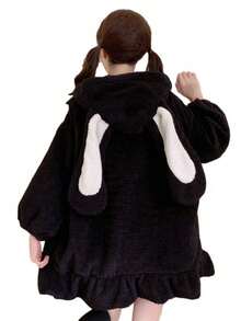 Women's Cute Bunny Ear Jacket Soft Plush Hoodie Kawaii Fashion Outerwear - màu đen - Xem 5