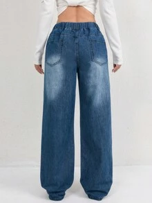 Women's High Waisted Stretch Wide Leg Jeans – Pull-On Baggy Denim Pants With Drawstring & Pockets | Casual Dressy Straight/Barrel Leg Trousers ﻿ - 深天藍 - 查看 3