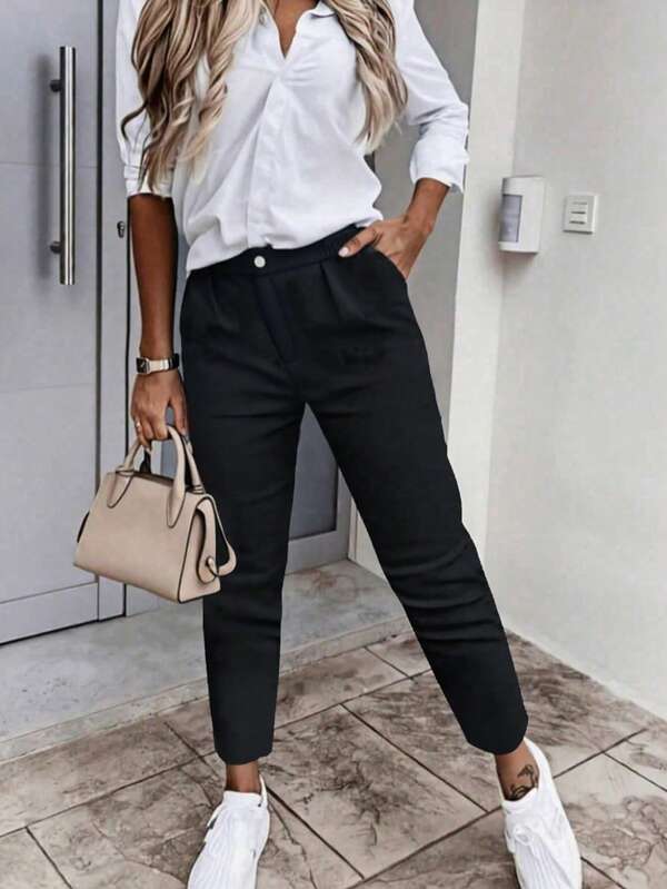 Damen Große Größen einfarbige elastische Knöchellange Hose, mit Taschen, Reißverschluss und Knopfverschluss, Lässig & Business Wear, geeignet für Frühling, Herbst und Winter