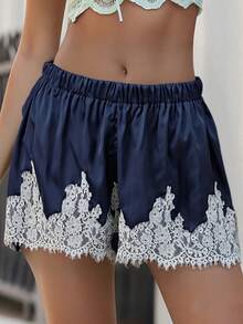 Summer Satin Mini Shorts With Lace Ruffles And Casual Shorts For Women At The Beach - Dark Blue - View 3