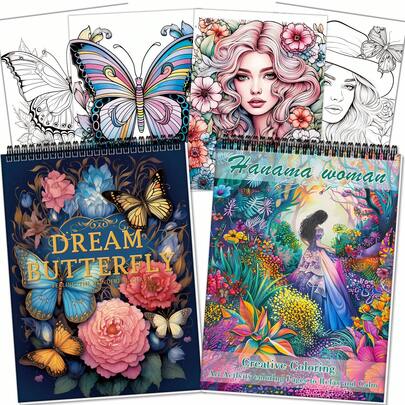 Dreamlike Butterfly Adult Coloring Book Set - 2 Books, 54 Pages Of Leisure And Entertainment Artistic Healing Patterns - Spiral Bound Painting Books, Containing 24 Unique Butterfly And Floral Designs - Valentine's Day, Christmas And Birthday Gifts, Suitable For Art Lovers, Back To School, Mother's Day, Gifts For Mom