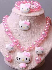 Sanrio 5pcs/Set Teenage Pearl Acrylic Necklace, Bracelet, Earrings, Ring Jewelry Set, Hello Kitty Theme (With Card)