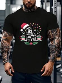 Camisetas para hombres, santa coffee christmas light pattern design - sombreros de santa y tazas de café, tema de vacaciones de color, camisas de navidad,100% algodón camiseta, moda casual camisa, camiseta de la calle, ropa deportiva al aire libre, tallas S-XXXL, lavable a máquina - Negro - Ver 1