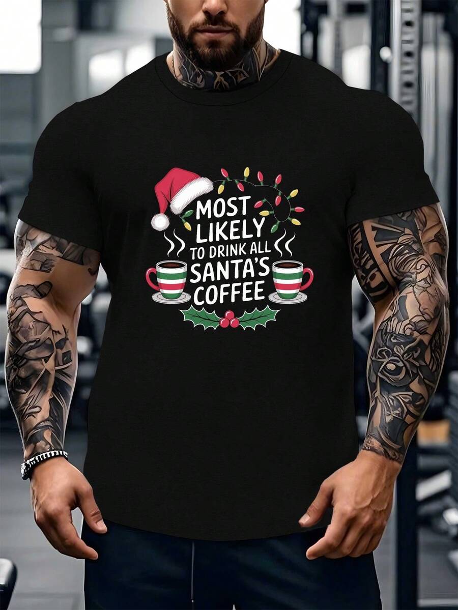 Camisetas para hombres, santa coffee christmas light pattern design - sombreros de santa y tazas de café, tema de vacaciones de color, camisas de navidad,100% algodón camiseta, moda casual camisa, camiseta de la calle, ropa deportiva al aire libre, tallas S-XXXL, lavable a máquina - Negro - Ver 1