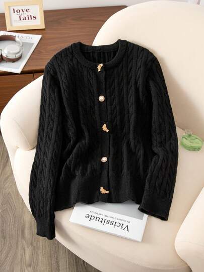 Autumn/Winter New Solid Color Cable Knit Cardigan For Women, Round Neck Sweater Knitted Jacket, Solid Color Front Button Ribbed College Style