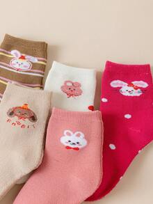 5 Pairs Girls' Crew Socks, Pink, White, Red, Coffee, Yellow, Color Block, Cartoon Rabbit & Dog, Striped Pattern, Soft & Warm, Thick, Simple Style, Cute, Fashionable, Versatile, Suitable For Daily Wear, Autumn/Winter - Multicolor - View 11
