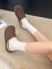 Women's Retro Versatile Simple Thermal Lined Sheepskin Birkenstocks Slippers, Fashionable Casual Slip-On Sheepskin Patchwork Fluffy Slide Sandals For Autumn/Winter - Coffee Brown - View 2