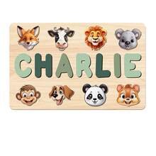 Rompecabezas de Animales de Madera Personalizado con Nombre, Tablero de Rompecabezas Personalizado con Cabezas de Animales Salvajes Lindos, Juguete Educativo de Alfabeto de Aprendizaje Temprano para Niños Pequeños, Regalo de Cumpleaños de Recién Nacido y Baby Shower, Juguete Montessori de Madera Natural, Decoración de Guardería para Niños y Niñas - Verde - Ver 12