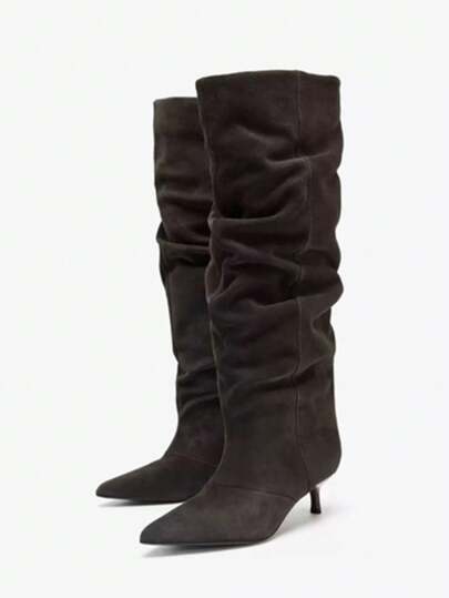 Dammodestövlar, Nyheter höst/vinter 2025, Damskor, Spetsiga, veckade höga stövlar, Mockastövlar med hög skaft, Mini Kitten Heel Over-The-Knee-stövlar, Bruna höga stövlar