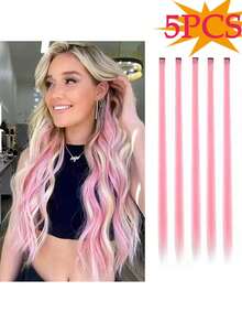 5pcs/Set Colorful Synthetic Hair Extensions Clip-In Hair Pieces, Rainbow Hair Extensions For Women & Girls - Multicolor - View 14