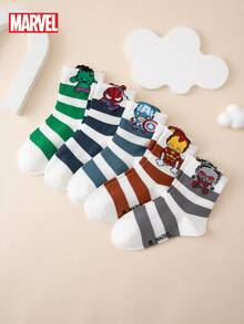 Marvel 5 双个性化卡通可爱多色提花漫威系列钢铁侠和绿巨人条纹图案儿童袜子，中筒袜，四季皆宜，欧洲/美国尺码，舒适透气耐用，色彩鲜艳，适合日常穿着，优质面料，不出汗 - 彩色 - 查看 8