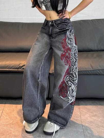 1pc Women's Loose Fit Embroidered Wide Leg Jeans, Comfortable Casual High Street Fashion Pants (Belt/Accessories Not Included)