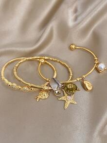 18K 镀金不锈钢优雅珍珠和海星吊坠钻石锆石手镯套装，适合女士，波西米亚海滩珠宝妈妈礼物圣诞节感恩节万圣节婚礼狂欢/舞会/派对/日常配饰周年纪念礼物情人节波西米亚珠宝生日伴娘礼物 - 彩色 - 查看 7