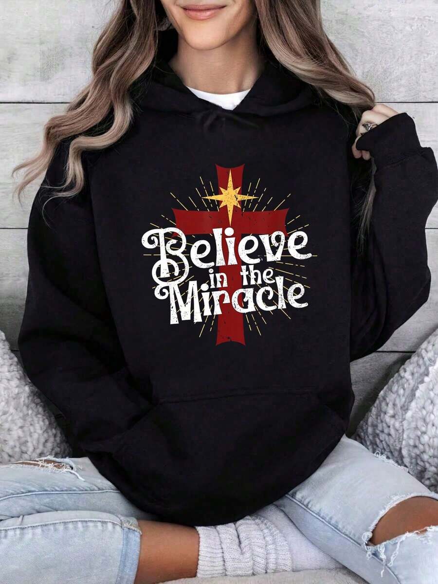 Credere nel miracolo, felpa con cappuccio religiosa cristiana per Natale - nero - Visualizzare 1