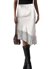 Womens Silk Satin Midi Skirts Casual Dressy Lace Hem High Waisted A-Line Skirt Elegant Party Cocktail Outfit - 白色 - 查看 7