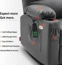 MCombo - Silla reclinable de doble motor para ancianos, masaje y calor, tumbado, gravedad cero, botón de inicio, puerto USB, piel sintética 7680 (gris oscuro,) - 1 - Ver 7