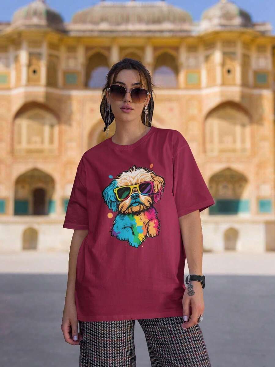 Camiseta T-Shirt Feminina Camisão Cachorrinho Colorido Fofo Óculos