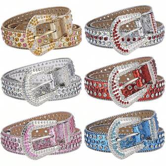 Fashionable Unisex Punk Rock Studded Rhinestone Embellished Wide Belt, Suitable For Jeans