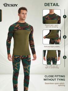ESDY 1Set Men's Knitted Underwear Set - Winter Men's Outdoor Sports Training Suit - Outdoor Skiing, Hunting, Camping Multi-Functional Base Layer Warm Underwear, Suitable For Spring, Autumn And Winter - Army Green - View 5