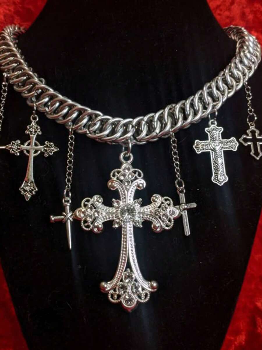 1 Piece Of Personality Exaggerated Cross Pendant Large Chain Gothic Punk Style Alloy Silver Chain Necklace Pendant Like Chain Suitable For Women's Daily Party Gathering Concert Concert Wear New Year Gift - Bạc - Xem 1