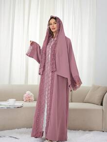 1 套头巾 + 开放式阿巴亚伊斯兰中长连衣裙，土耳其迪拜阿巴亚长袍带头巾，适合穆斯林女性日常穿着