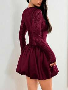 华丽镂空透视性感复古蕾丝边饰俏皮派对蕾丝提花连衣裙 - 酒紅色 - 查看 9