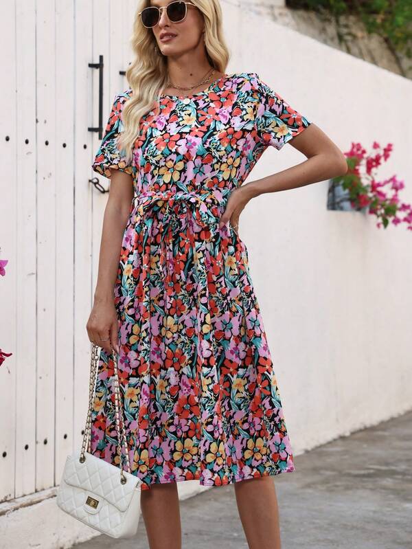 Women's Elegant Floral Print Midi Dress, Short Sleeve, Round Neck, Drawstring Belt - Suitable For All Seasons, Casual To Formal Wear, Casual Wear|Floral Print Dresses|Short Sleeve Tops, Floral Print Dresses