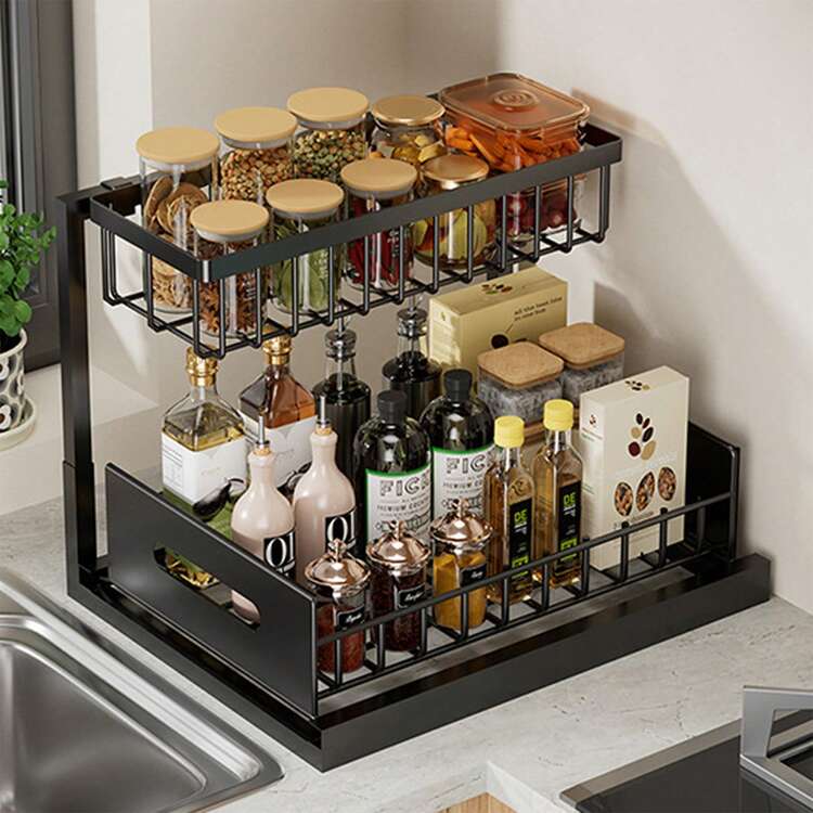 2-Tier Pull-Out Spice Rack For Cabinets - 黑色 - 查看 2