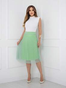 Midi Pleated Skirt In Tulle Fabric, Poa, Evangelical Fashion, With Lining And Elastic Waist, Cod128 - Hijau muda - View 1