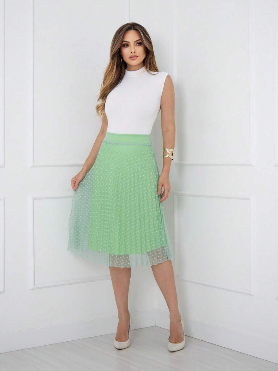 Midi Pleated Skirt In Tulle Fabric, Poa, Evangelical Fashion, With Lining And Elastic Waist, Cod128 - Hijau muda - View 1