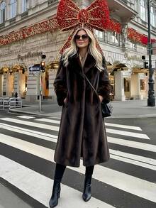 2025 Winter New Faux Fur Casual Fashion Vintage Stand Collar Loose Mid-Length Long Sleeve Women Faux Fur Coat - Coffee Brown - View 6