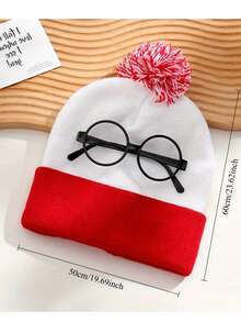 1 Set Of Warm Red And White Knitted Hats And Lensless Glasses Frame Role-Playing Christmas Gifts For Winter Men's And Women's Valentine's Day Hats - Multicolor - View 6