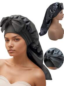 1pc Black Sleeping Cap, Women's Pink Elastic Drawstring Long Satin Silk Sleep Cap, Curl Hair Wrap, Long Hair, Braids, Dreadlocks, Curly Hair Silk Sleep Cap, Satin Bow Sleep Cap Sleep Bonnet - Multicolor 1pc - View 14