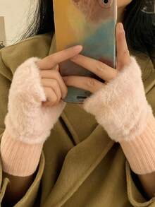 1/2/3 双装女士时尚保暖毛绒手套 - 彩色 - 查看 3