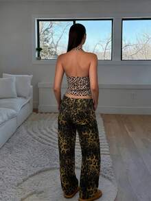 LOVE JOYY Women's Vintage Leopard Print Loose Fit Casual Pants, Fashionable