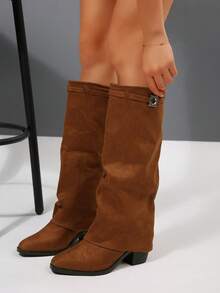Botas femininas dobráveis 2025, cano alto, bico fino, salto alto, cano alto, cano médio, fashion, botas com zíper lateral - Castanho - Ver 6