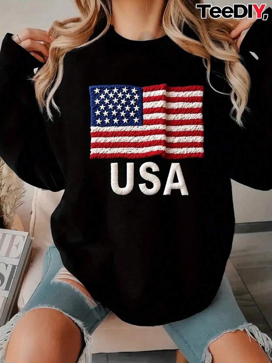 2025Women's Plus Size Embroidered USA Flag Sweatshirt - Patriotic Red White & Blue Casual Pullover, Long Sleeve Round Neck Machine Washable Autumn Winter Top, Ladies Sweater BlousesSoft And Breathable - 黑色 - 查看 1