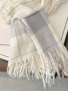 女士格子双面围巾，柔软羊绒质感，保暖披肩，时尚秋冬配饰，双面心形格子设计，适合搭配连衣裙 - 米色 - 查看 3