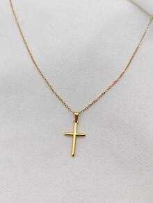 1pc Elegant Cross Necklace, Gold-Tone Cross Pendant Necklace, Everyday Necklace, Chic Casual Cross Jewelry, Waterproof Gold-Plated Stainless Steel Jewelry, Prayer Necklace, Jewelry Gift For Her