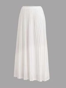 女士高腰百褶中长裙，优雅A字飘逸长裙，带衬里，柔软弹力腰带，休闲正装下装，适合工作、婚礼宾客和约会之夜。 - 白色 - 查看 5