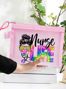 一款大容量网眼化妆包，有5种颜色可选，配有拉链，印有护士、生活、听诊器、口罩等图案。它是一款多功能视觉化妆收纳包、文件多用途旅行包、沙滩手提包。