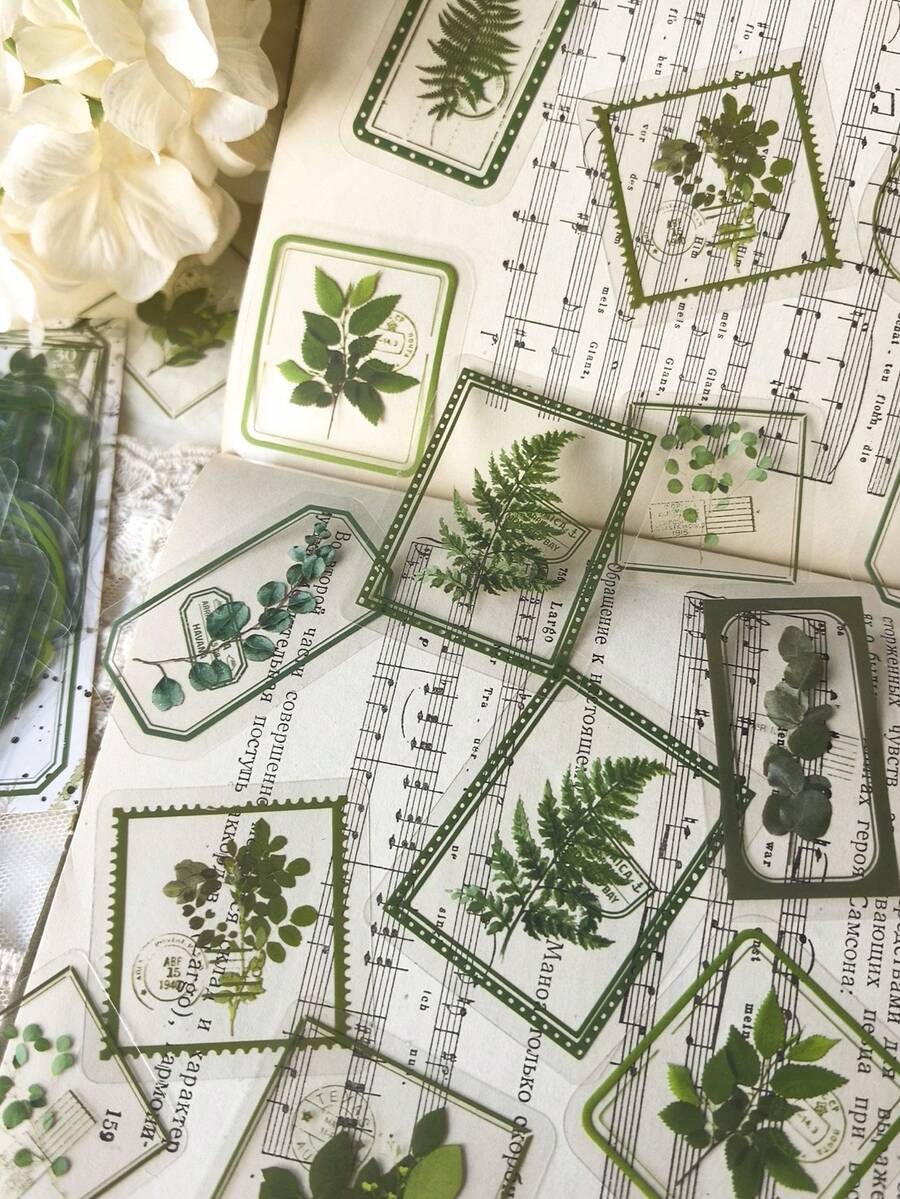 1 包/30 件复古透明植物与花卉绿叶图案贴纸,带印章框,宠物装饰标签,适用于 DIY 日记本,返校 - 均碼 - 查看 1