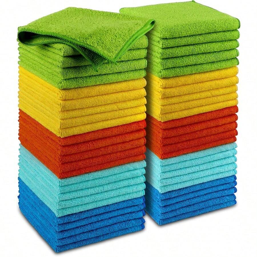 Microfiber Cleaning Cloth 50PK Premium Absorbent Towels For Cars SUVs Kitchen Windows And Home Use Ideal Dusting Rags For Smooth Surface Cleaning 12*12 Reusable Microfiber Wash Cloths For Everyday Household And Automotive Care - 黃色藍色綠色 - 查看 1
