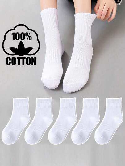 5 pares de calcetines de algodón de unicolor para niños/jóvenes, para uso diario casual, escuela, deportes, de longitud hasta el tobillo