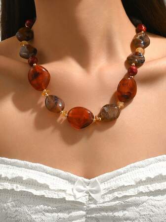 1pc Fashionable & Elegant Resin Beaded Necklace, New Arrival, All Season
