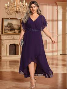 Plus Elegant Embroidery Applique Decor Wrap Split Hem Cocktail Dresses Formal Dresses For Party Mother Of Brides Dresses