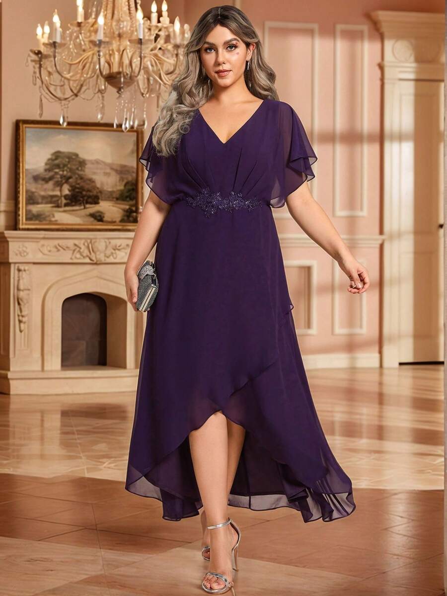 Plus Elegant Embroidery Applique Decor Wrap Split Hem Cocktail Dresses Formal Dresses For Party Mother Of Brides Dresses