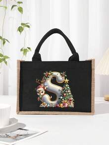 Men's Casual Tote Bag, Large Capacity Shopping Bag, Linen Beach Tote Bag Christmas Theme 26 Letter Print Commuter Tote Bag Yellow Linen Tote Bag, Shopping Bag With Gold Letter And Flower Print, Large Capacity Reusable Shopping Bag Laptop Bag Christmas Bags