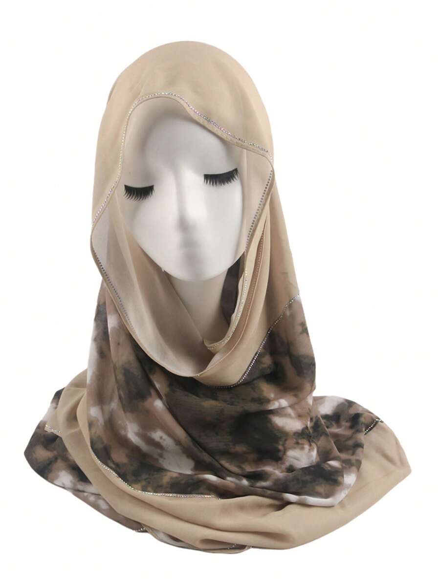 1pc Fashionable Chiffon Scarf With Ink Painting Style, Decorated With Middle Eastern Rhinestones, Lightweight & Comfortable Head Wrap